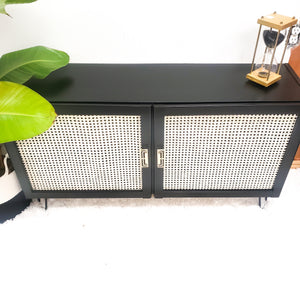 TV unit or Low Buffet / Credenza in Jet Black by Wise Owl Paint with Rattan Cane Doors and Hairpin Legs