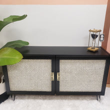 TV unit or Low Buffet / Credenza in Jet Black by Wise Owl Paint with Rattan Cane Doors and Hairpin Legs