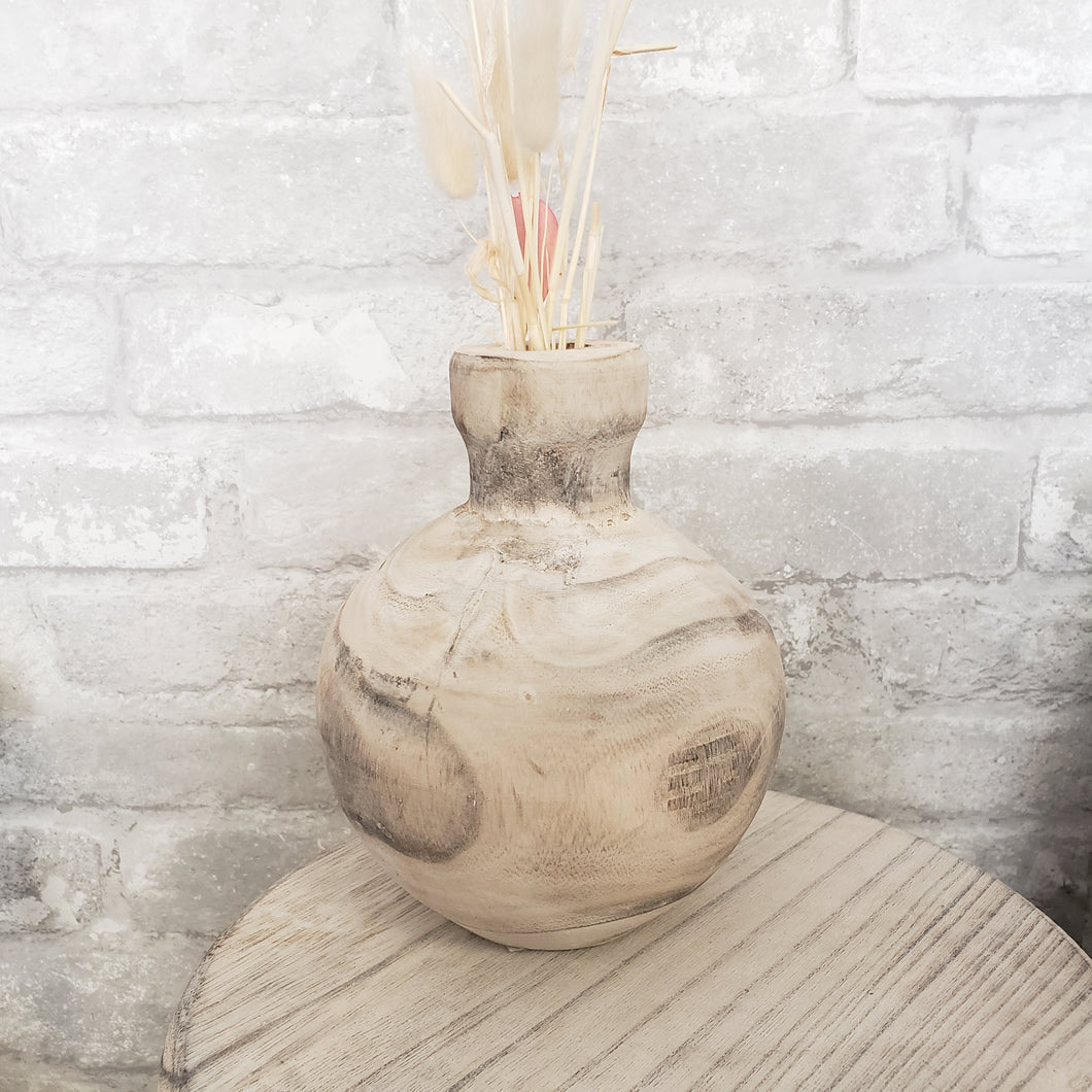 Wood Bottle Vase in White Wash