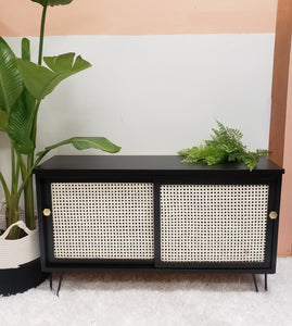 TV unit or Low Buffet / Credenza in Jet Black by Wise Owl Paint with Rattan Cane Doors and Hairpin Legs