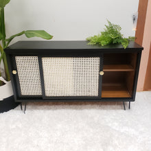 TV unit or Low Buffet / Credenza in Jet Black by Wise Owl Paint with Rattan Cane Doors and Hairpin Legs