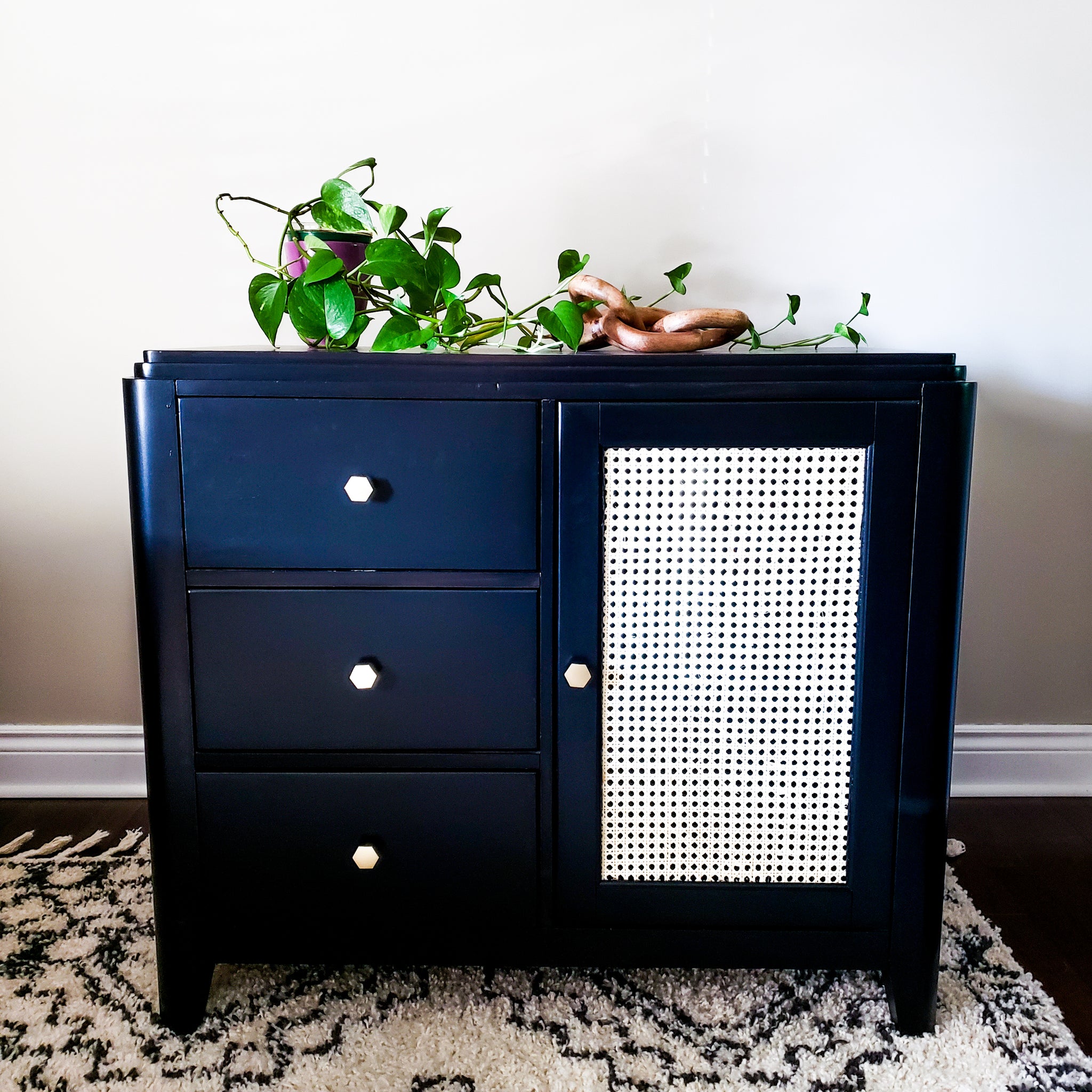 Dresser/ Buffet / Credenza in Jet Black by Wise Owl Paint with Rattan Dove and Arrow Dresser/ Buffet / Credenza in Jet Black by Wise Owl Paint with Rattan Dove and Arrow