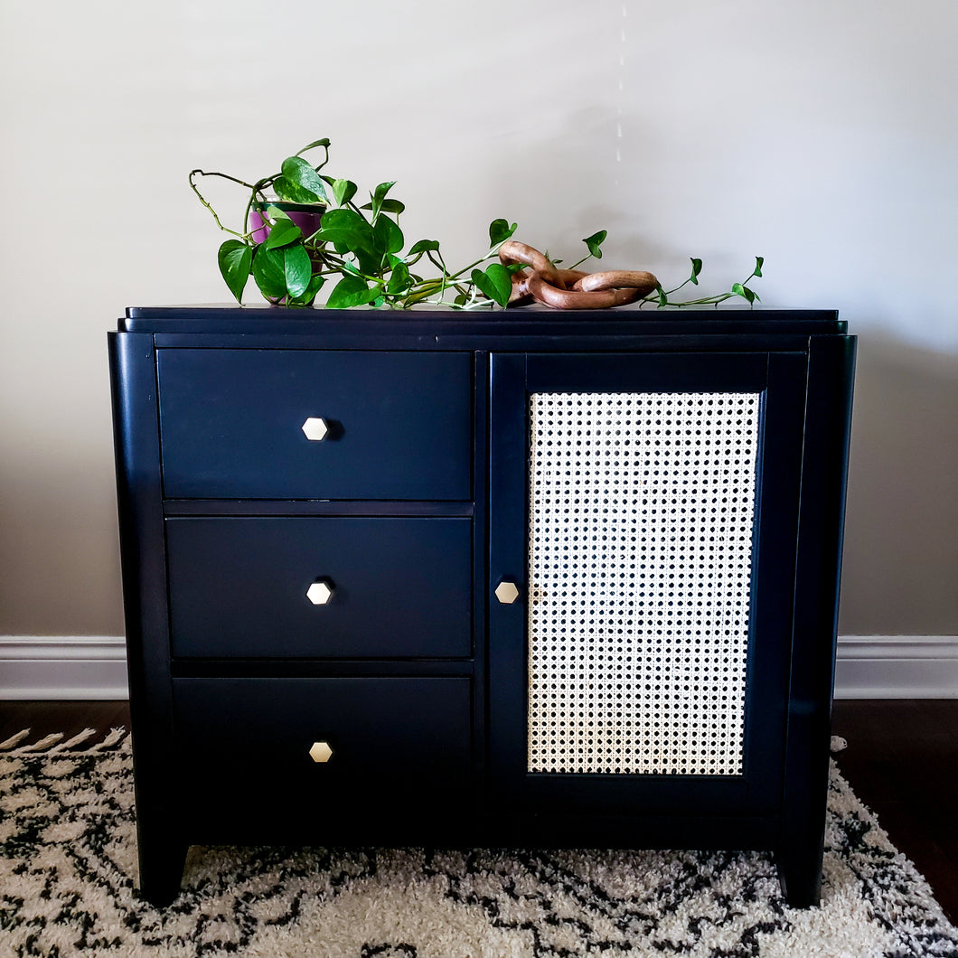 Dresser/ Buffet / Credenza in Jet Black by Wise Owl Paint with Rattan Cane Doors