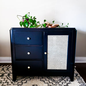 black dresser with cane webbing Cane And Black Dresser
