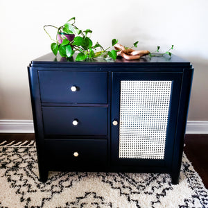 Dresser/ Buffet / Credenza in Jet Black by Wise Owl Paint with Rattan Cane Doors
