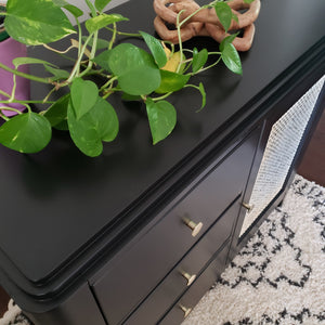 Dresser/ Buffet / Credenza in Jet Black by Wise Owl Paint with Rattan Cane Doors