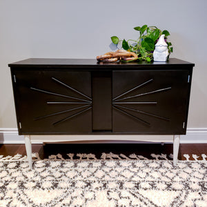 Mid Century Modern - Buffet Credenza in Jet Black with Dark Wood MCM Base