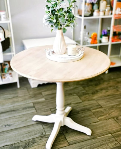 Round Table Finished in Casement White by Fusion Mineral Paint with Driftwood Stain and Finishing Oil Top