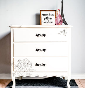 French Provincial Dresser in Raw Silk and Winter Song Transfer