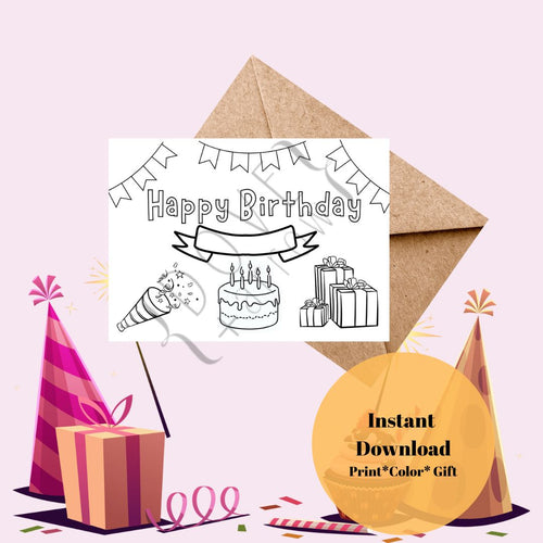 Happy Birthday Card - Instand Download Colouring Card