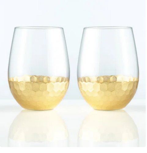 Set of 4 - Metallic Gold Faceted Stemless Wine Glasses -