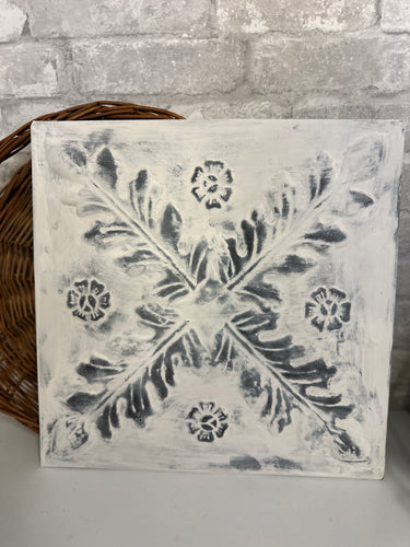 handpainted white metal ceiling tile distressed for modern farmhouse decor