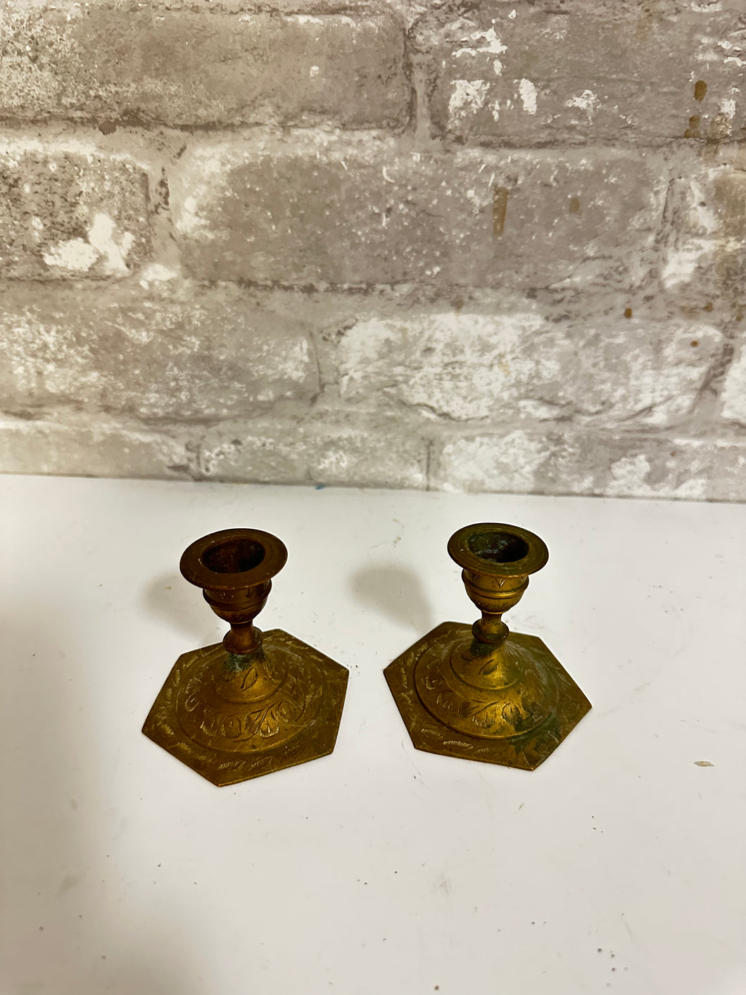 Set of 2 Small Vintage Brass Candle Stick Holders Set 2d  2.5 inches tall